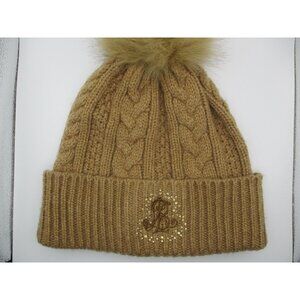 Lauren Ralph Lauren Black Label Tan Knit Beanie W/ Pom & Sequined Logo  Womens